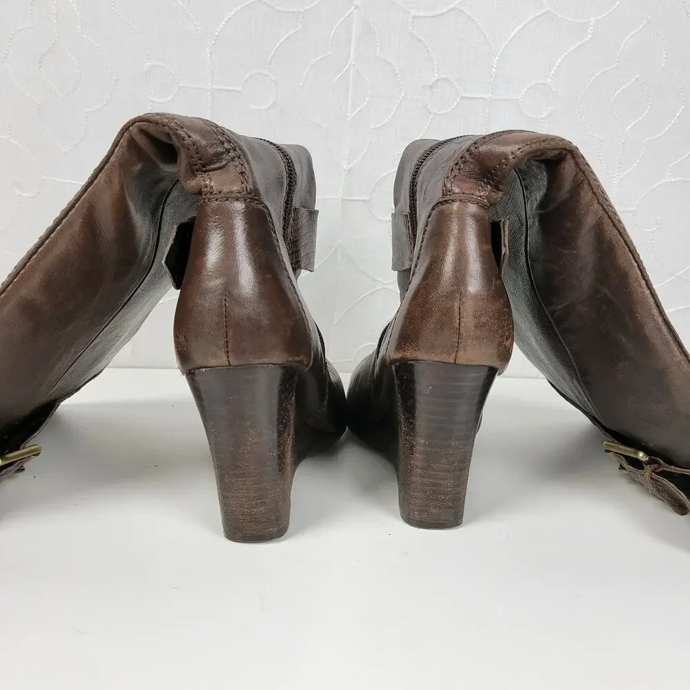 a.n.a. A New Approach Womens Boots 7 Brown Leather Knee High Wedges Heels Buckle